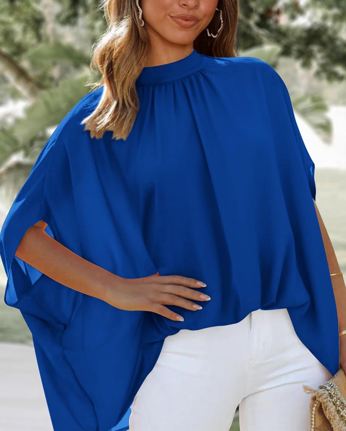 imageBTFBM Womens Summer Tops 2025 Fall Mock Neck Batwing Sleeve Shirts Loose High Low Hem Oversized Dressy Casual BlousesRoyal Blue