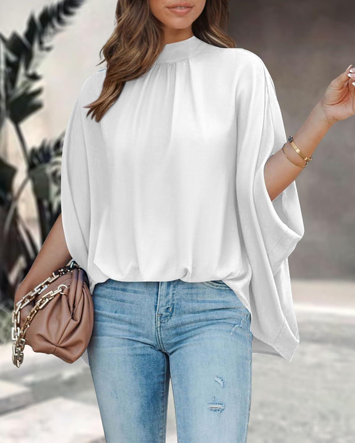 imageBTFBM Womens Summer Tops 2025 Fall Mock Neck Batwing Sleeve Shirts Loose High Low Hem Oversized Dressy Casual BlousesWhite