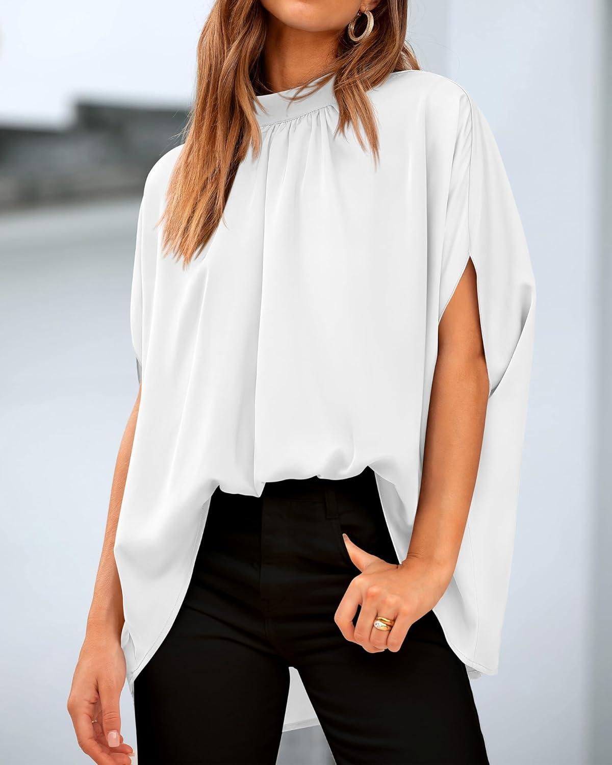 imageBTFBM Womens Summer Tops 2025 Fall Mock Neck Batwing Sleeve Shirts Loose High Low Hem Oversized Dressy Casual BlousesWhite