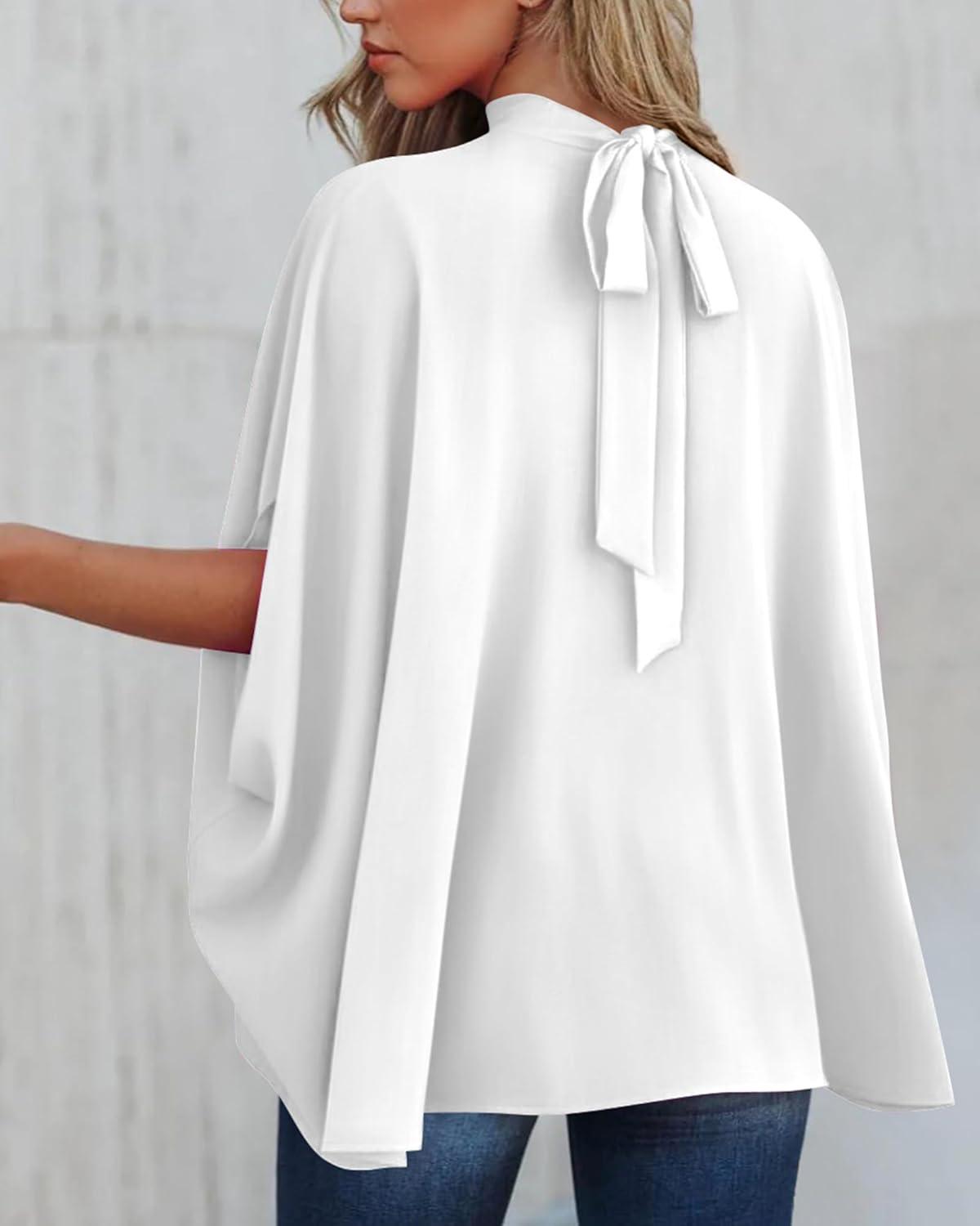 imageBTFBM Womens Summer Tops 2025 Fall Mock Neck Batwing Sleeve Shirts Loose High Low Hem Oversized Dressy Casual BlousesWhite