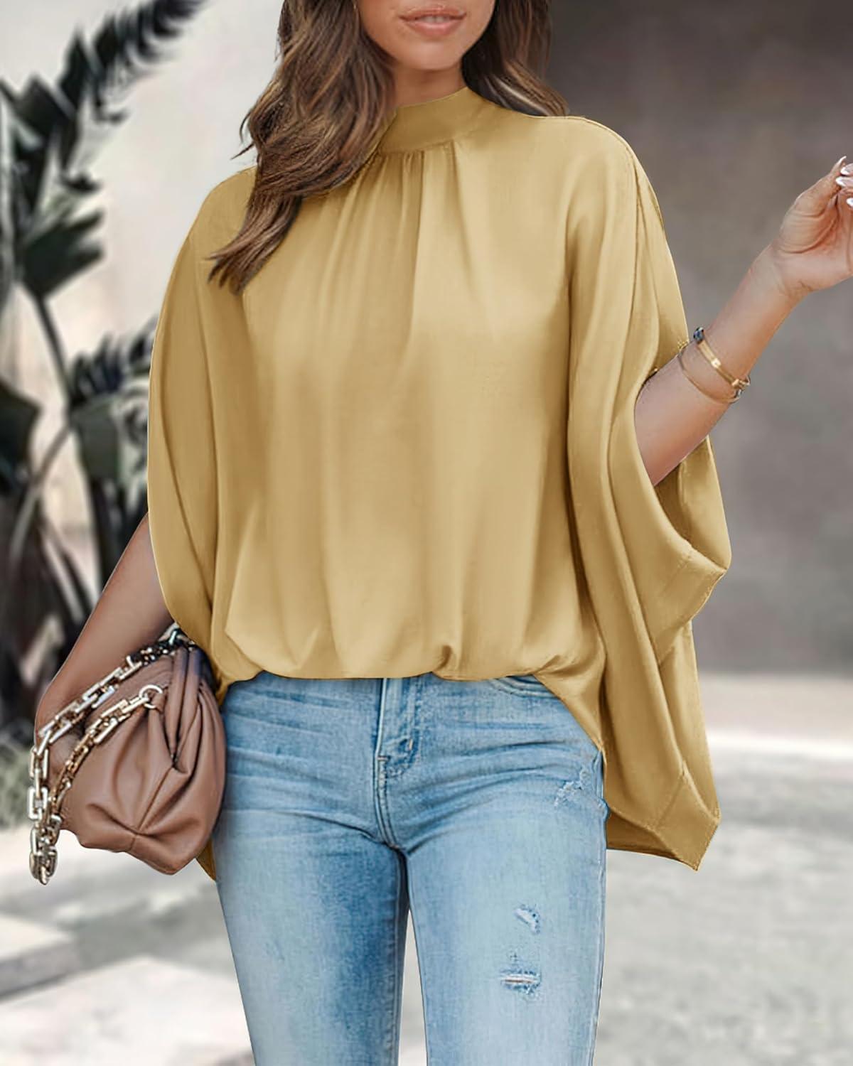 imageBTFBM Womens Summer Tops 2025 Fall Mock Neck Batwing Sleeve Shirts Loose High Low Hem Oversized Dressy Casual BlousesYellow