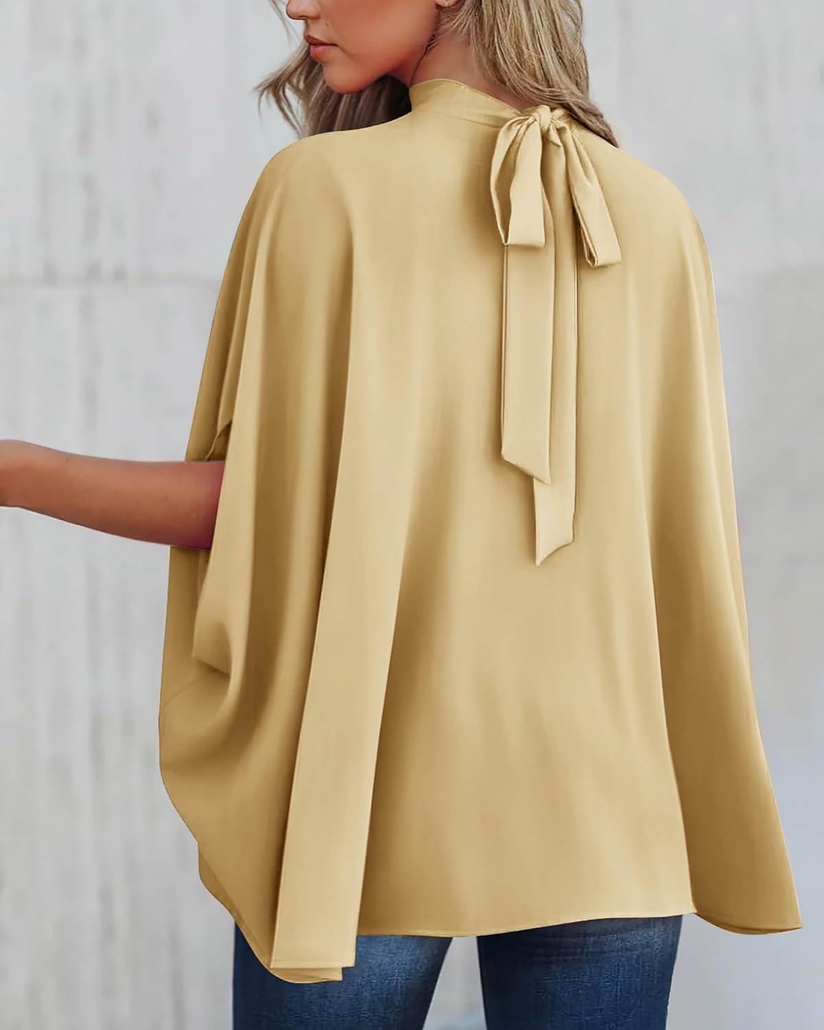 imageBTFBM Womens Summer Tops 2025 Fall Mock Neck Batwing Sleeve Shirts Loose High Low Hem Oversized Dressy Casual BlousesYellow