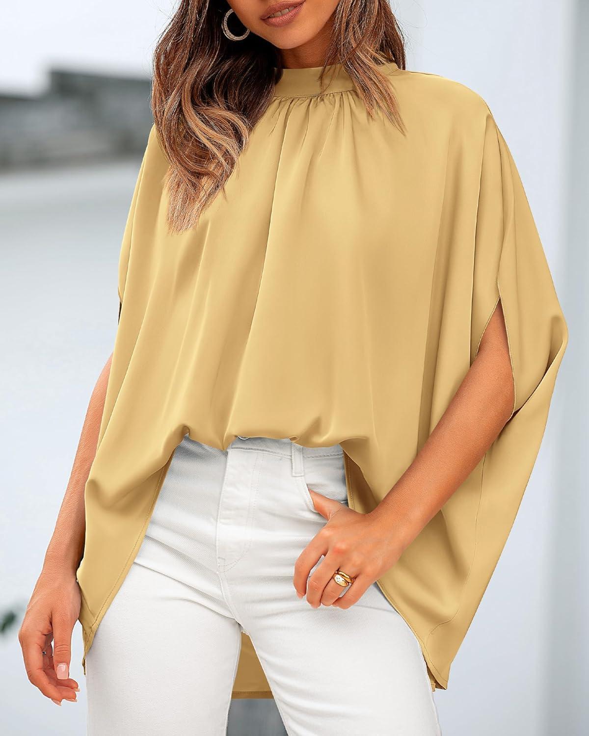 imageBTFBM Womens Summer Tops 2025 Fall Mock Neck Batwing Sleeve Shirts Loose High Low Hem Oversized Dressy Casual BlousesYellow