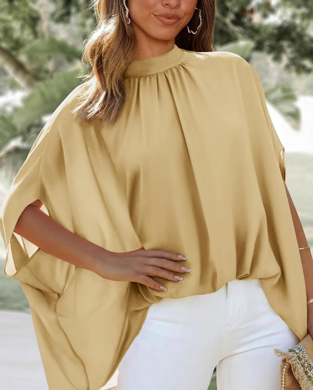 imageBTFBM Womens Summer Tops 2025 Fall Mock Neck Batwing Sleeve Shirts Loose High Low Hem Oversized Dressy Casual BlousesYellow