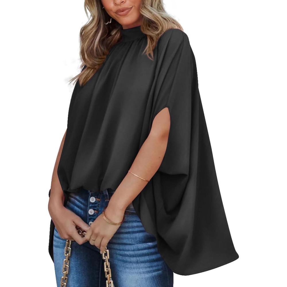 imageBTFBM Womens Summer Tops 2025 Fall Mock Neck Batwing Sleeve Shirts Loose High Low Hem Oversized Dressy Casual BlousesBlack
