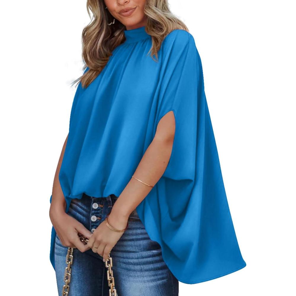 imageBTFBM Womens Summer Tops 2025 Fall Mock Neck Batwing Sleeve Shirts Loose High Low Hem Oversized Dressy Casual BlousesBlue