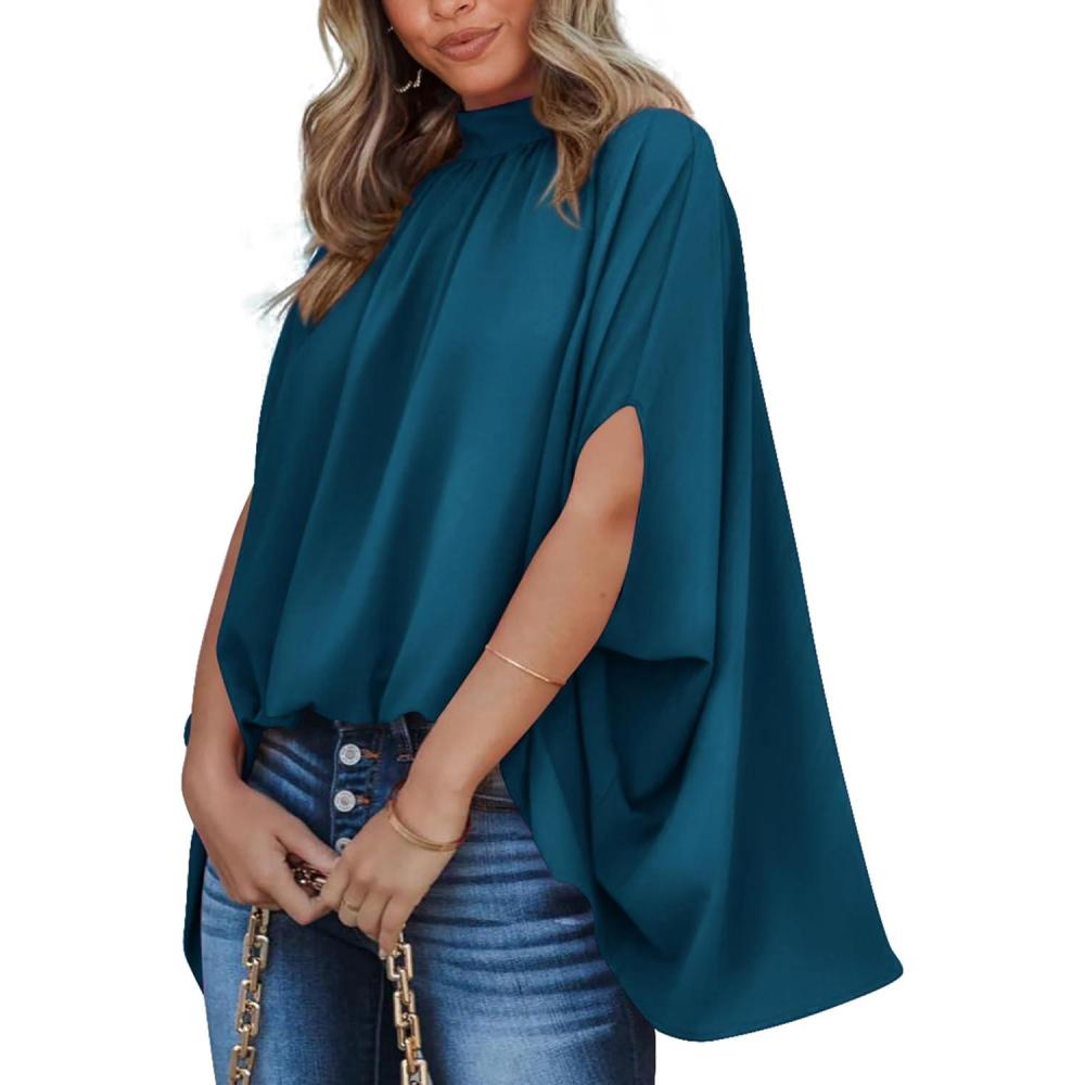 imageBTFBM Womens Summer Tops 2025 Fall Mock Neck Batwing Sleeve Shirts Loose High Low Hem Oversized Dressy Casual BlousesDark Blue