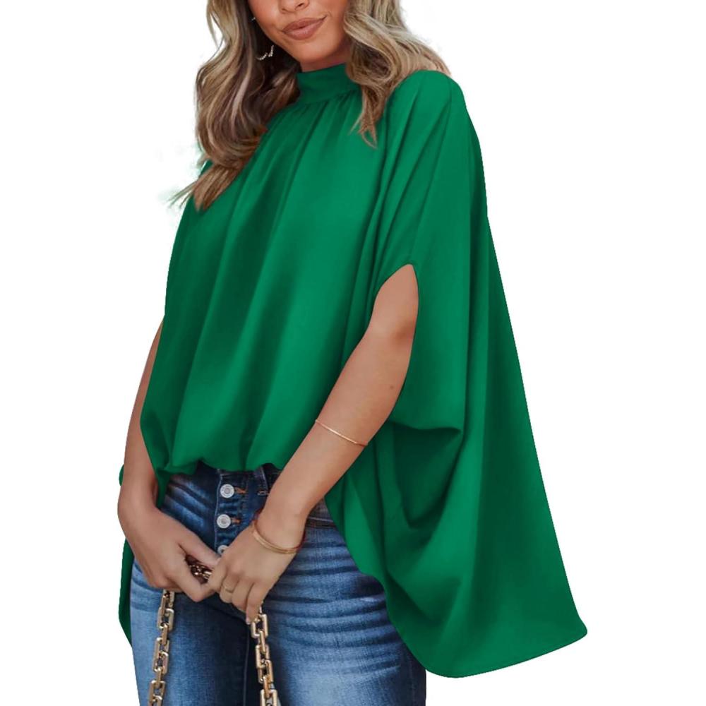 imageBTFBM Womens Summer Tops 2025 Fall Mock Neck Batwing Sleeve Shirts Loose High Low Hem Oversized Dressy Casual BlousesGreen