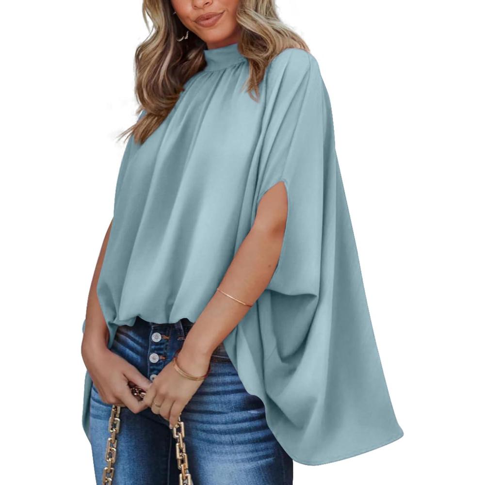 imageBTFBM Womens Summer Tops 2025 Fall Mock Neck Batwing Sleeve Shirts Loose High Low Hem Oversized Dressy Casual BlousesLight Blue