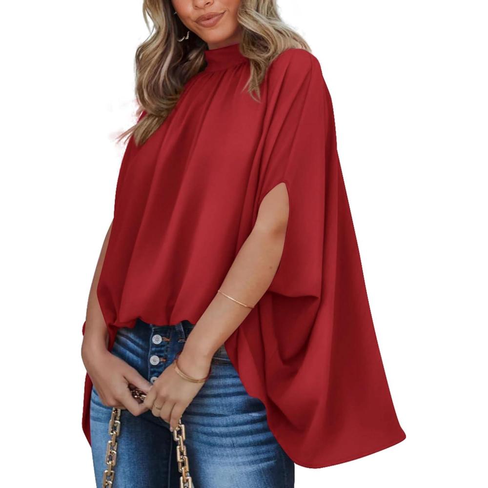 imageBTFBM Womens Summer Tops 2025 Fall Mock Neck Batwing Sleeve Shirts Loose High Low Hem Oversized Dressy Casual BlousesRed