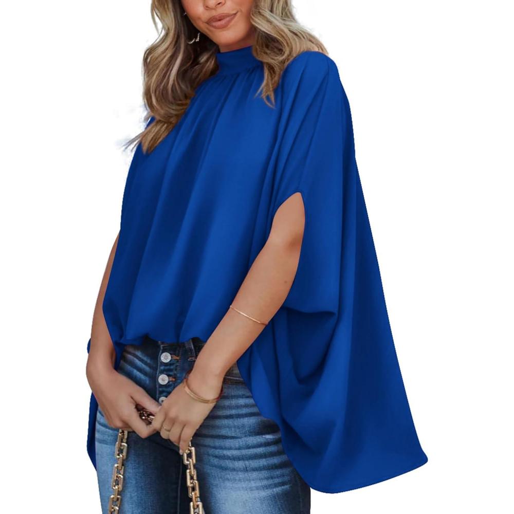 imageBTFBM Womens Summer Tops 2025 Fall Mock Neck Batwing Sleeve Shirts Loose High Low Hem Oversized Dressy Casual BlousesRoyal Blue