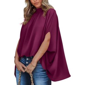 imageBTFBM Womens Summer Tops 2025 Fall Mock Neck Batwing Sleeve Shirts Loose High Low Hem Oversized Dressy Casual BlousesPurple Red