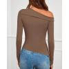imageBTFBM Off The Shoulder Tops for Women Trendy 2025 Asymmetrical Long Sleeve Fitted Fall Going Out Top Y2K ClothesBrown