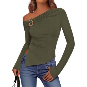imageBTFBM Off The Shoulder Tops for Women Trendy 2025 Asymmetrical Long Sleeve Fitted Fall Going Out Top Y2K ClothesArmy Green