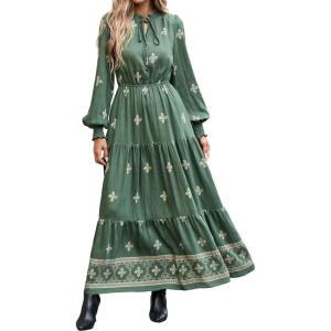 imageBTFBM Womens Boho Maxi Dress 2025 Casual V Neck Long Sleeve Front Tie Button Flowy Fall Wedding Guest Dresses PocketsFloral Green