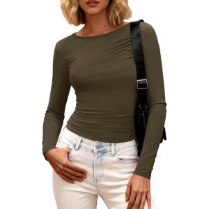 imageBTFBM Womens Tops 2025 Fall Clothes Long Sleeve T Shirts Boat Neck Ruched Slim Fit Casual Stretchy Going Out OutfitsArmy Green