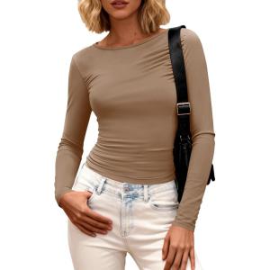 imageBTFBM Womens Tops 2025 Fall Clothes Long Sleeve T Shirts Boat Neck Ruched Slim Fit Casual Stretchy Going Out OutfitsKhaki
