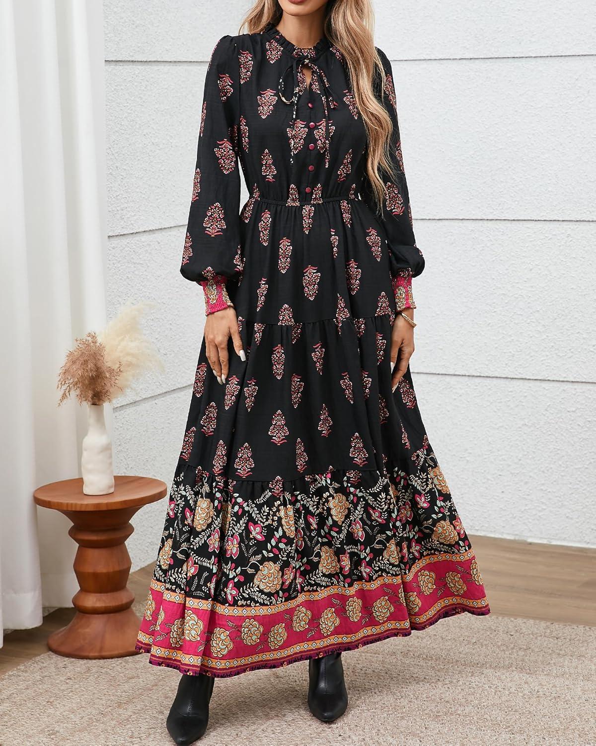 imageBTFBM Womens Fall Wedding Guest Dresses 2025 Casual Floral Long Sleeve V Neck Front Tie Flowy Boho Maxi Dress PocketsFloral Black Multicolored