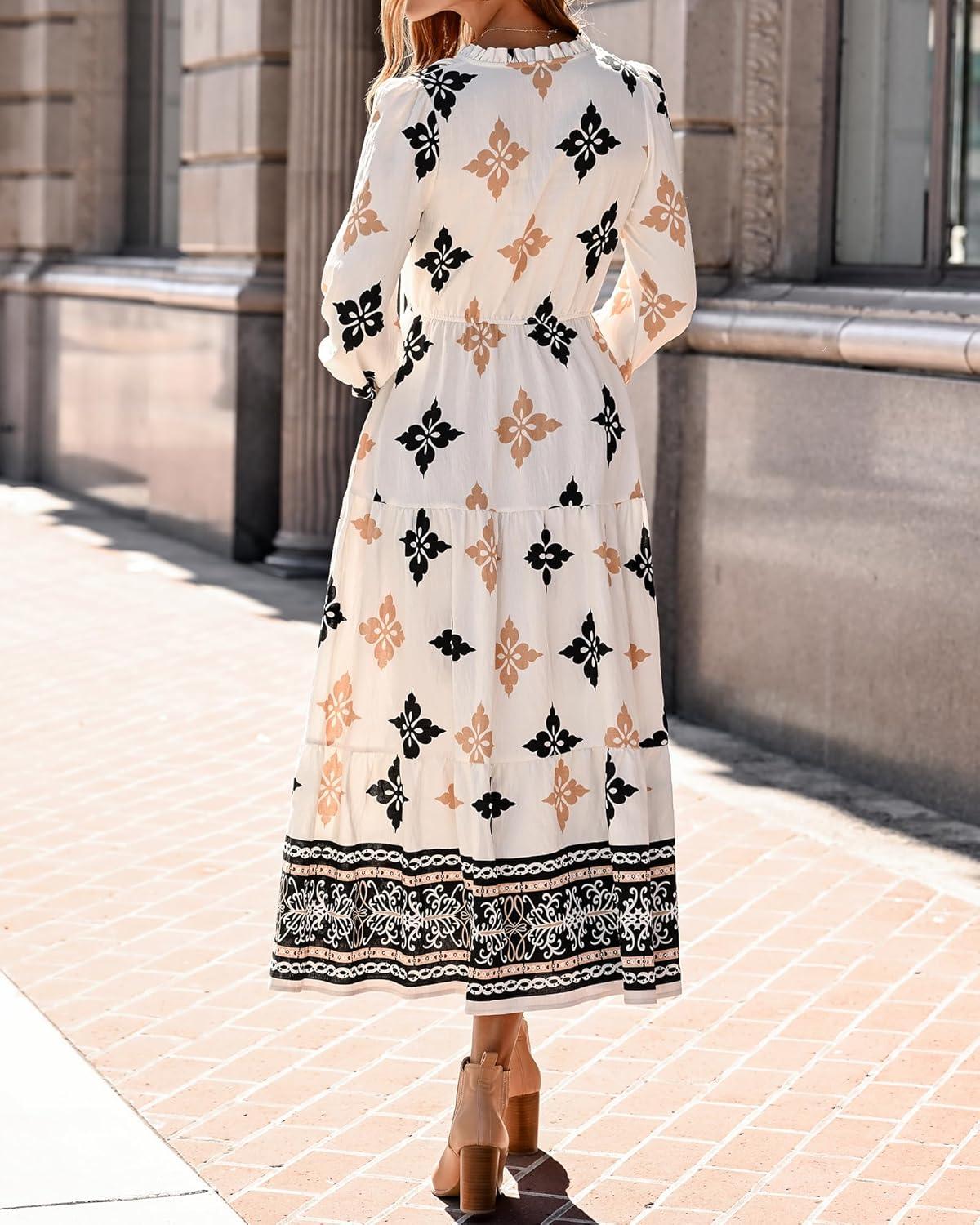 imageBTFBM Womens Fall Wedding Guest Dresses 2025 Casual Floral Long Sleeve V Neck Front Tie Flowy Boho Maxi Dress PocketsFloral White Multicolored