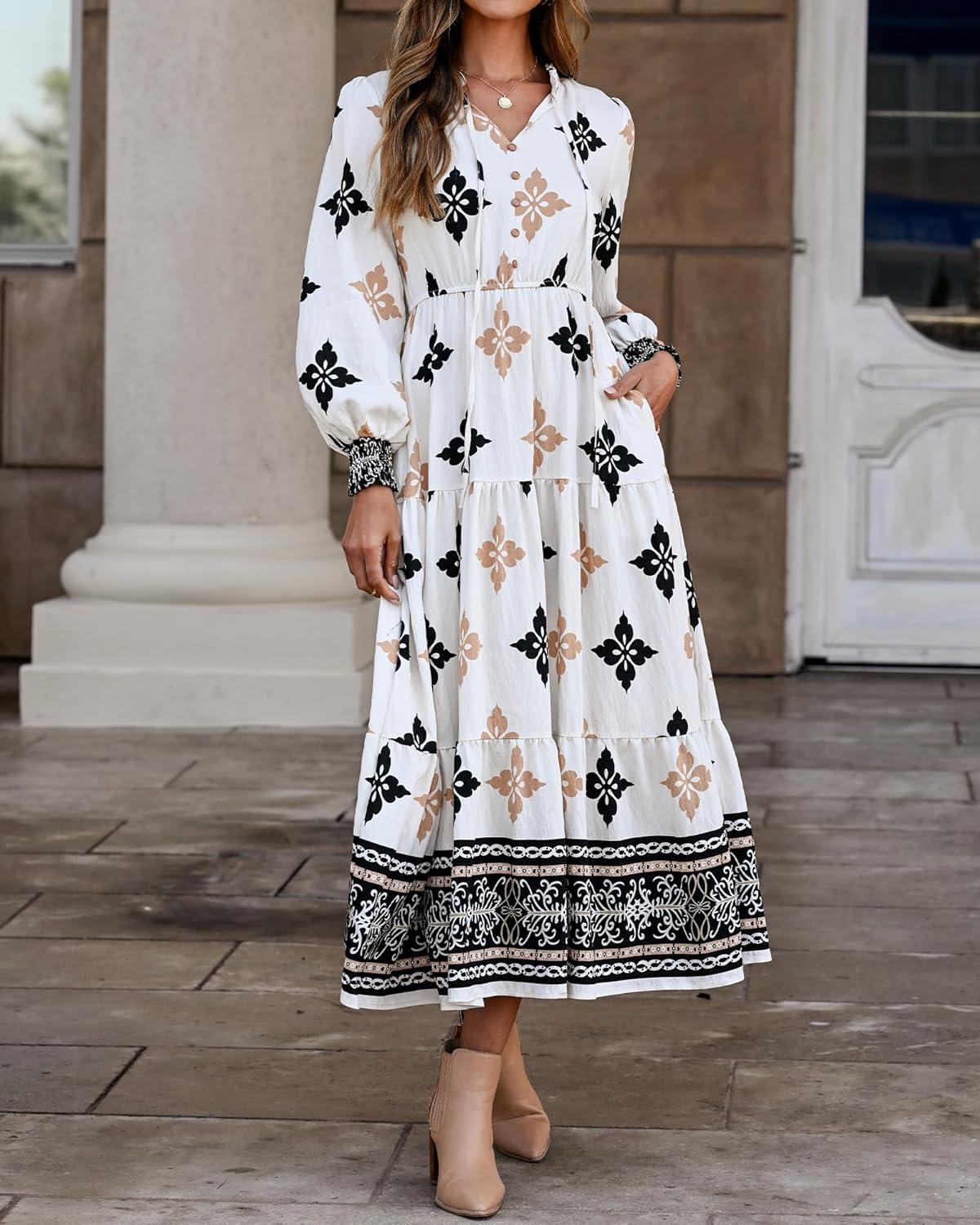 imageBTFBM Womens Fall Wedding Guest Dresses 2025 Casual Floral Long Sleeve V Neck Front Tie Flowy Boho Maxi Dress PocketsFloral White Multicolored