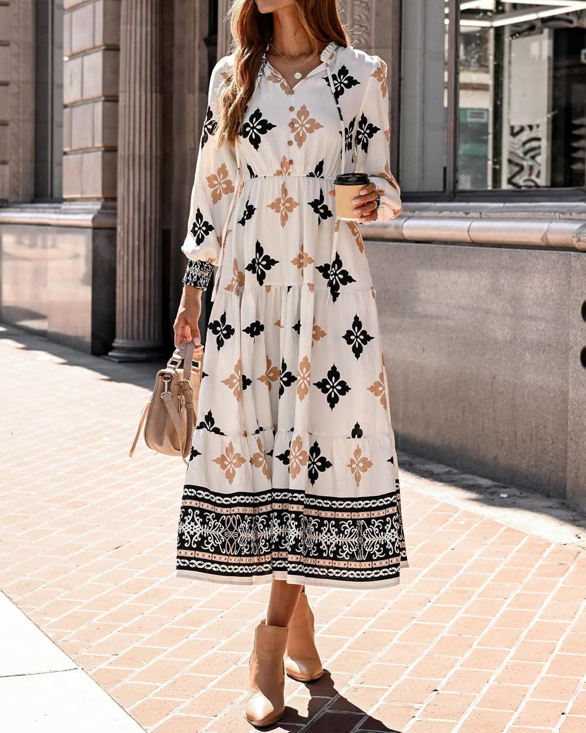 imageBTFBM Womens Fall Wedding Guest Dresses 2025 Casual Floral Long Sleeve V Neck Front Tie Flowy Boho Maxi Dress PocketsFloral White Multicolored