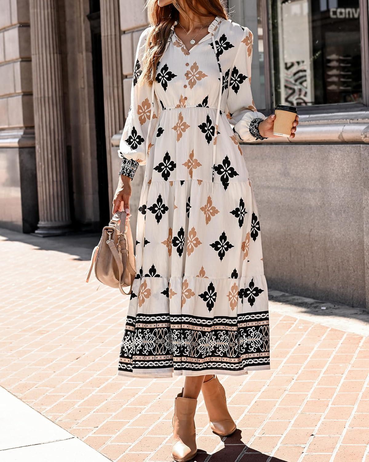 imageBTFBM Womens Fall Wedding Guest Dresses 2025 Casual Floral Long Sleeve V Neck Front Tie Flowy Boho Maxi Dress PocketsFloral White Multicolored