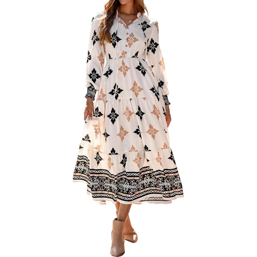 imageBTFBM Womens Fall Wedding Guest Dresses 2025 Casual Floral Long Sleeve V Neck Front Tie Flowy Boho Maxi Dress PocketsFloral White Multicolored