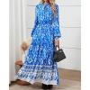 imageBTFBM Womens Fall Wedding Guest Dresses 2025 Casual Floral Long Sleeve V Neck Front Tie Flowy Boho Maxi Dress PocketsBlue White Flower
