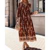 imageBTFBM Womens Fall Wedding Guest Dresses 2025 Casual Floral Long Sleeve V Neck Front Tie Flowy Boho Maxi Dress PocketsBrown