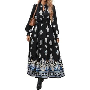 imageBTFBM Womens Fall Wedding Guest Dresses 2025 Casual Floral Long Sleeve V Neck Front Tie Flowy Boho Maxi Dress PocketsBlack White Flower