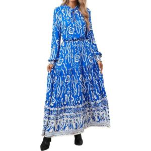 imageBTFBM Womens Fall Wedding Guest Dresses 2025 Casual Floral Long Sleeve V Neck Front Tie Flowy Boho Maxi Dress PocketsBlue White Flower