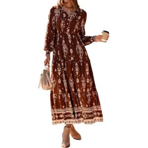 imageBTFBM Womens Fall Wedding Guest Dresses 2025 Casual Floral Long Sleeve V Neck Front Tie Flowy Boho Maxi Dress PocketsBrown