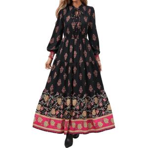 imageBTFBM Womens Fall Wedding Guest Dresses 2025 Casual Floral Long Sleeve V Neck Front Tie Flowy Boho Maxi Dress PocketsFloral Black Multicolored