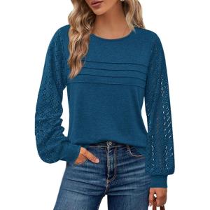 imageBTFBM Womens Long Sleeve Shirts Dressy Lace Fall Tops 2025 Trendy Business Casual TShirts Cute Work Outfits BlousesDark Lake Blue