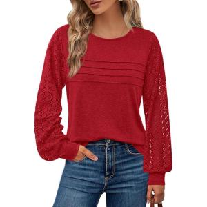 imageBTFBM Womens Long Sleeve Shirts Dressy Lace Fall Tops 2025 Trendy Business Casual TShirts Cute Work Outfits BlousesRed