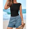 imageBTFBM Womens Summer Tops 2025 Boat Neck Cap Sleeve Tee Shirts Ruched Slim Fit Knit Going Out Tank Top Fashion ClothingBlack