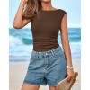 imageBTFBM Womens Summer Tops 2025 Boat Neck Cap Sleeve Tee Shirts Ruched Slim Fit Knit Going Out Tank Top Fashion ClothingBrown