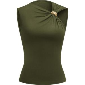 imageBTFBM Spring Tops for Women 2026 Asymmetrical Neck Sleeveless Going Out Summer Outfits Casual Ruched Y2k Tank Top ClothesArmy Green