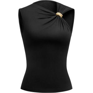 imageBTFBM Spring Tops for Women 2026 Asymmetrical Neck Sleeveless Going Out Summer Outfits Casual Ruched Y2k Tank Top ClothesBlack