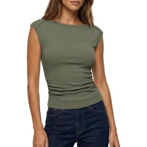 imageBTFBM Womens Summer Tops 2025 Boat Neck Cap Sleeve Tee Shirts Ruched Slim Fit Knit Going Out Tank Top Fashion ClothingArmy Green