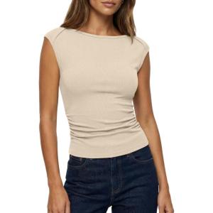 imageBTFBM Womens Summer Tops 2025 Boat Neck Cap Sleeve Tee Shirts Ruched Slim Fit Knit Going Out Tank Top Fashion ClothingBeige