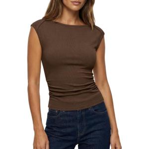 imageBTFBM Womens Summer Tops 2025 Boat Neck Cap Sleeve Tee Shirts Ruched Slim Fit Knit Going Out Tank Top Fashion ClothingBrown