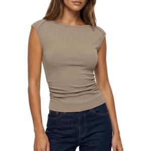 imageBTFBM Womens Summer Tops 2025 Boat Neck Cap Sleeve Tee Shirts Ruched Slim Fit Knit Going Out Tank Top Fashion ClothingKhaki