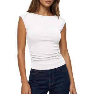 imageBTFBM Womens Summer Tops 2025 Boat Neck Cap Sleeve Tee Shirts Ruched Slim Fit Knit Going Out Tank Top Fashion ClothingWhite