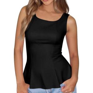 imageBTFBM Womens Summer Tops 2026 Business Casual Outfits Crew Neck Sleeveless Shirts Slim Fit Peplum Tank TopBlack