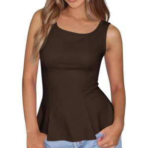 imageBTFBM Womens Summer Tops 2026 Business Casual Outfits Crew Neck Sleeveless Shirts Slim Fit Peplum Tank TopDark Brown
