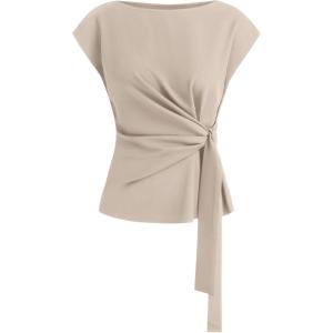 imageBTFBM Womens Tops Summer 2026 Cap Sleeve Crew Neck Tie Waist Blouses Dressy Casual Business Work Clothes Spring FashionApricot