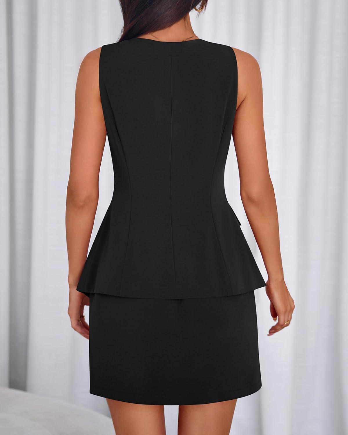 imageBTFBM 2 Piece Sets For Women Summer 2026 Spring Sleeveless Button Up Blazer Vest Tops Skirt Sets Business Casual OutfitsBlack