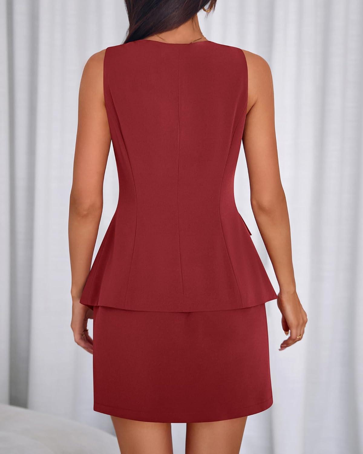 imageBTFBM 2 Piece Sets For Women Summer 2026 Spring Sleeveless Button Up Blazer Vest Tops Skirt Sets Business Casual OutfitsBurgundy