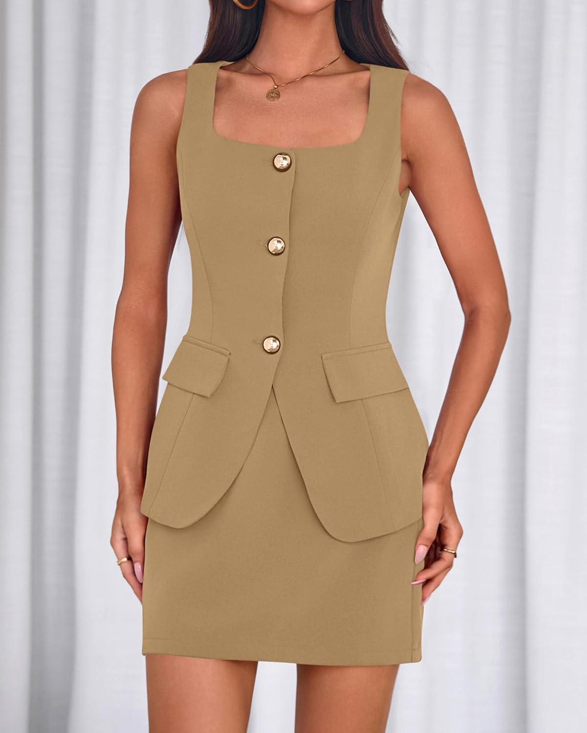 imageBTFBM 2 Piece Sets For Women Summer 2026 Spring Sleeveless Button Up Blazer Vest Tops Skirt Sets Business Casual OutfitsKhaki